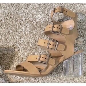 My Delicious Womens Tan Easy Strap Gladiator Sandals Clear Lucite Block Heel 10